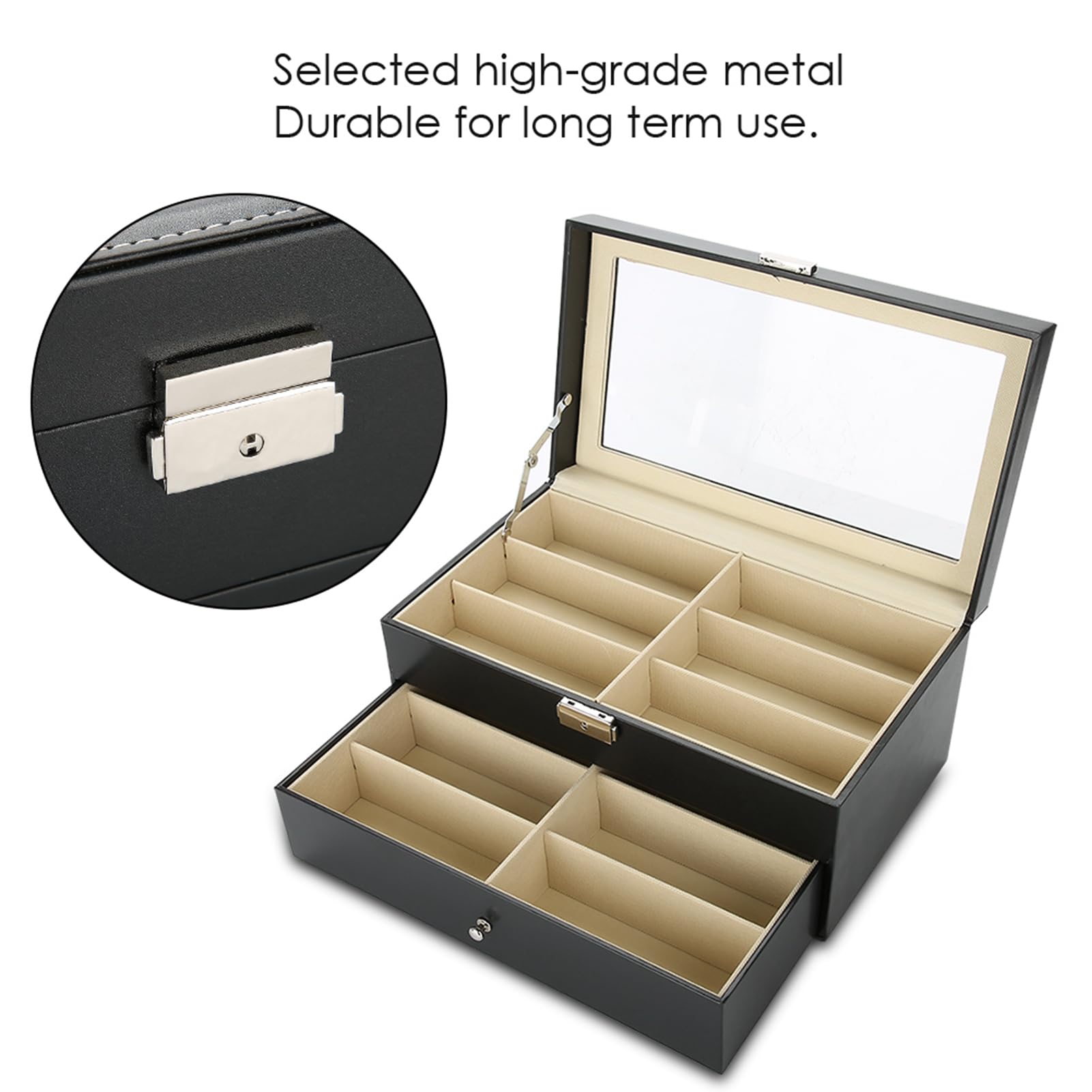 Tragbare Brillen-Ausstellungsbox mit 12 Fächern für Einfachen Zugriff und Organisationslösung für Sonnenbrillen – Elegante Schwarze Farbe – MDF und PU-Leder – 34 X 19 X 16 Cm