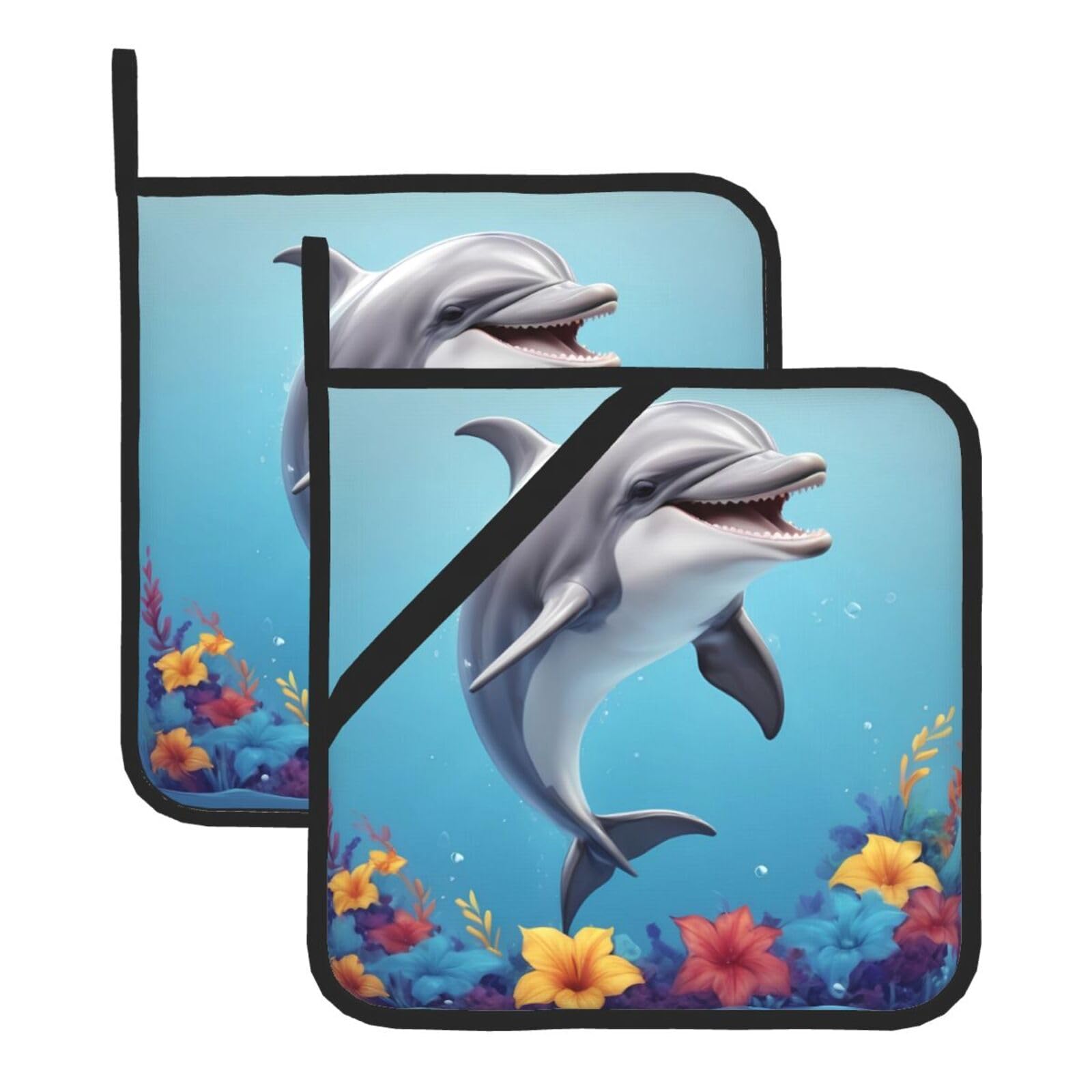 HJFCZH Dolphin with A Smile Printed Square Insulated Pot Mat Set (2-Piece) 8x8in Waterproof, Thickened & Easy to Clean with Lanyard Design for Kitchen, Oven & BBQ