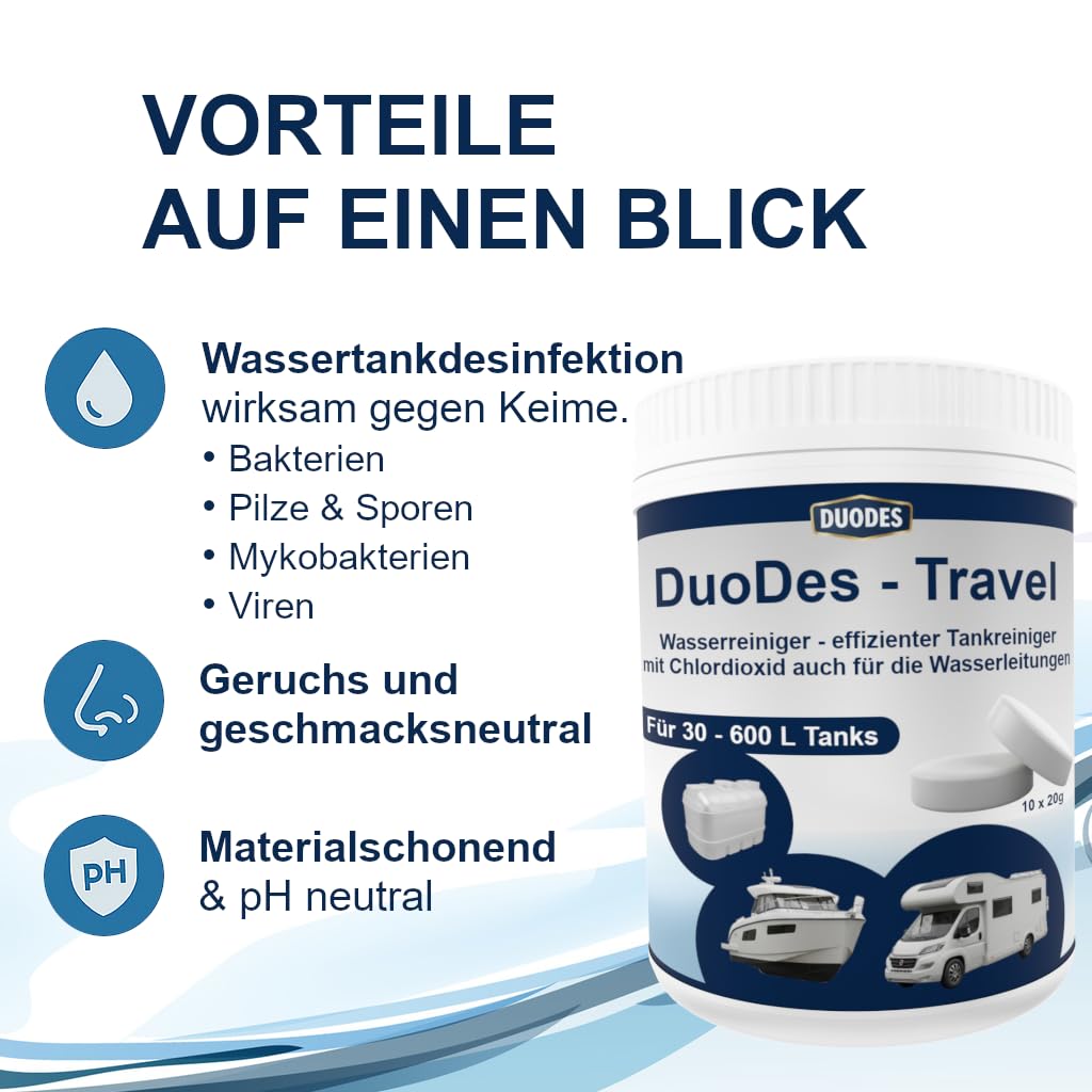 DuoDes Travel Wassertank Reiniger Tabletten - Tankreinigung & Wasserpflege für Wohnmobil, Caravan, Boot - Desinfektion gegen Biofilm, Bakterien & Algen - Für 30-600 L Tanks