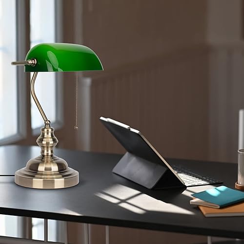 Miniatura 4 de Lámpara de escritorio de cristal verde, lámparas de escritorio antiguas con base de latón, lámpara de biblioteca tradicional con cadena de tracción,