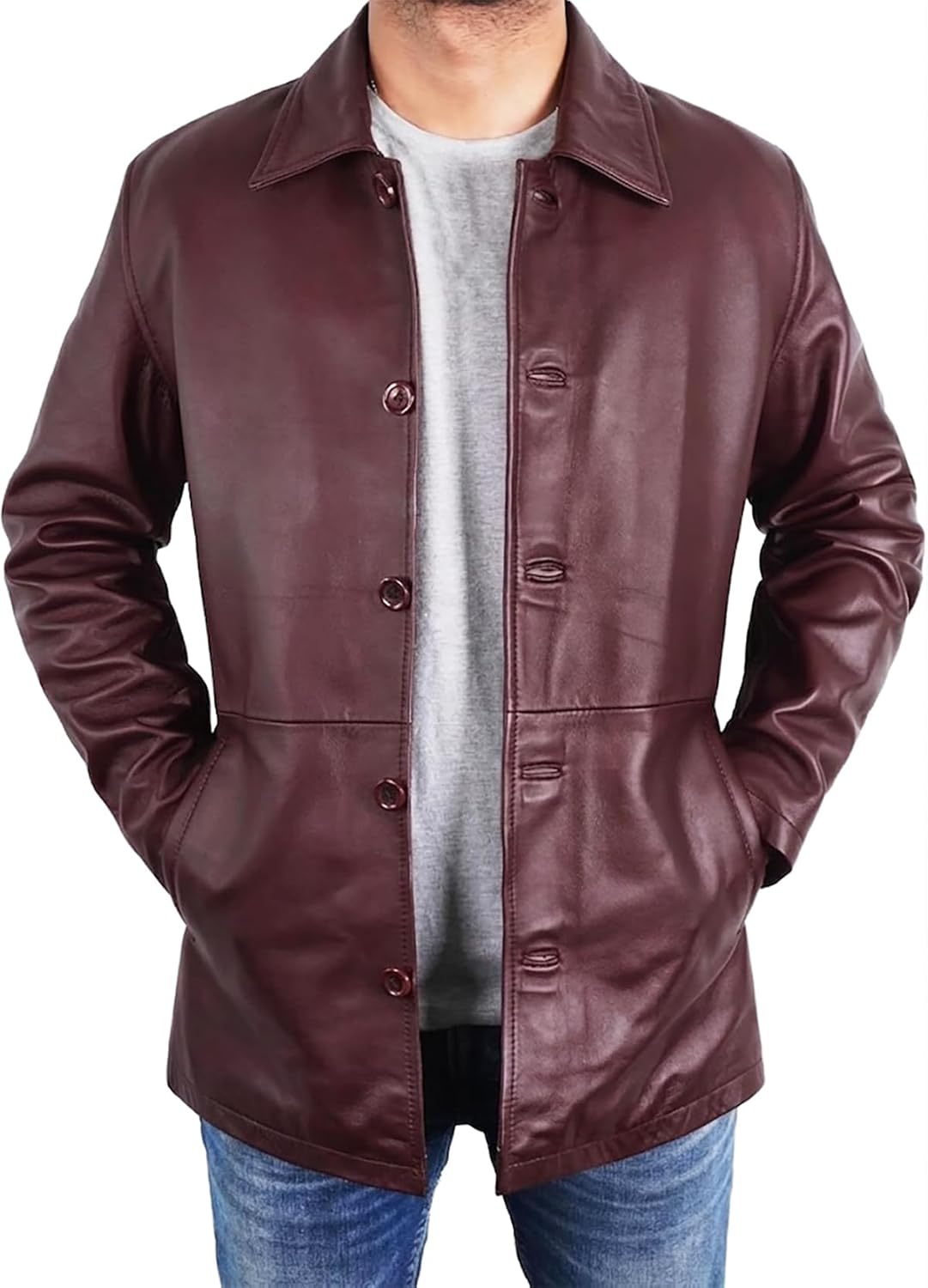 Mens Classic Winter Leather Car Coat 3/4 Length - Button Up Real Lambskin Long Jacket