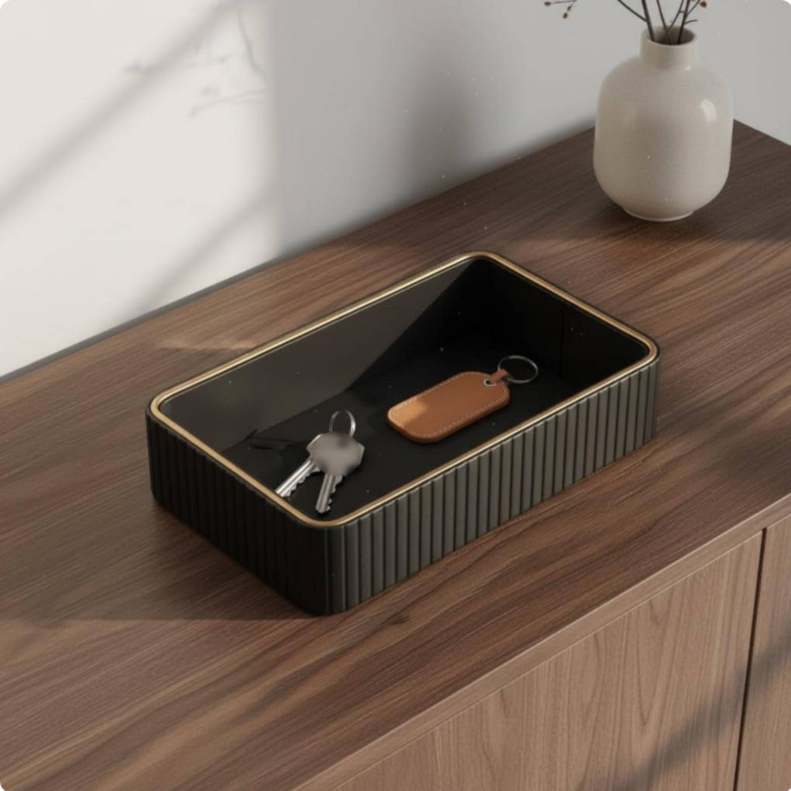 Gralara Vassoio Svuotatasche Rettangolare Multiuso Contenitore Portaoggetti a Righe Resistente Alla Polvere Organizer da Tavolo per Scrivania, Bagno, Bianco Sporco