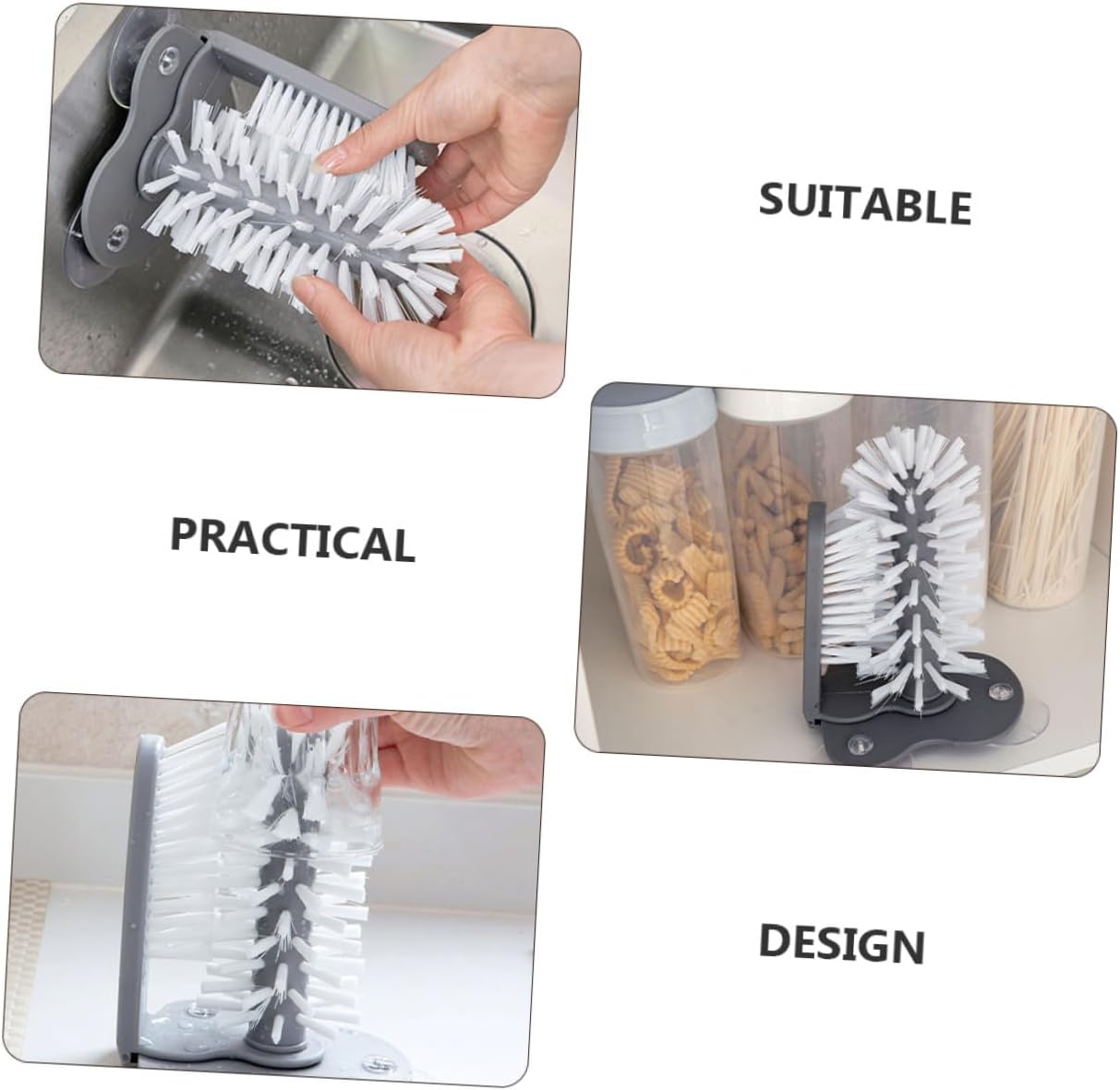 Detachable Glass Cup Washer Brush with Suction Cups Double-Sided PP PVC Bristles for Wine Glasses and Portable Easy Clean with Suction Mounts for Wall Table Dark Grey