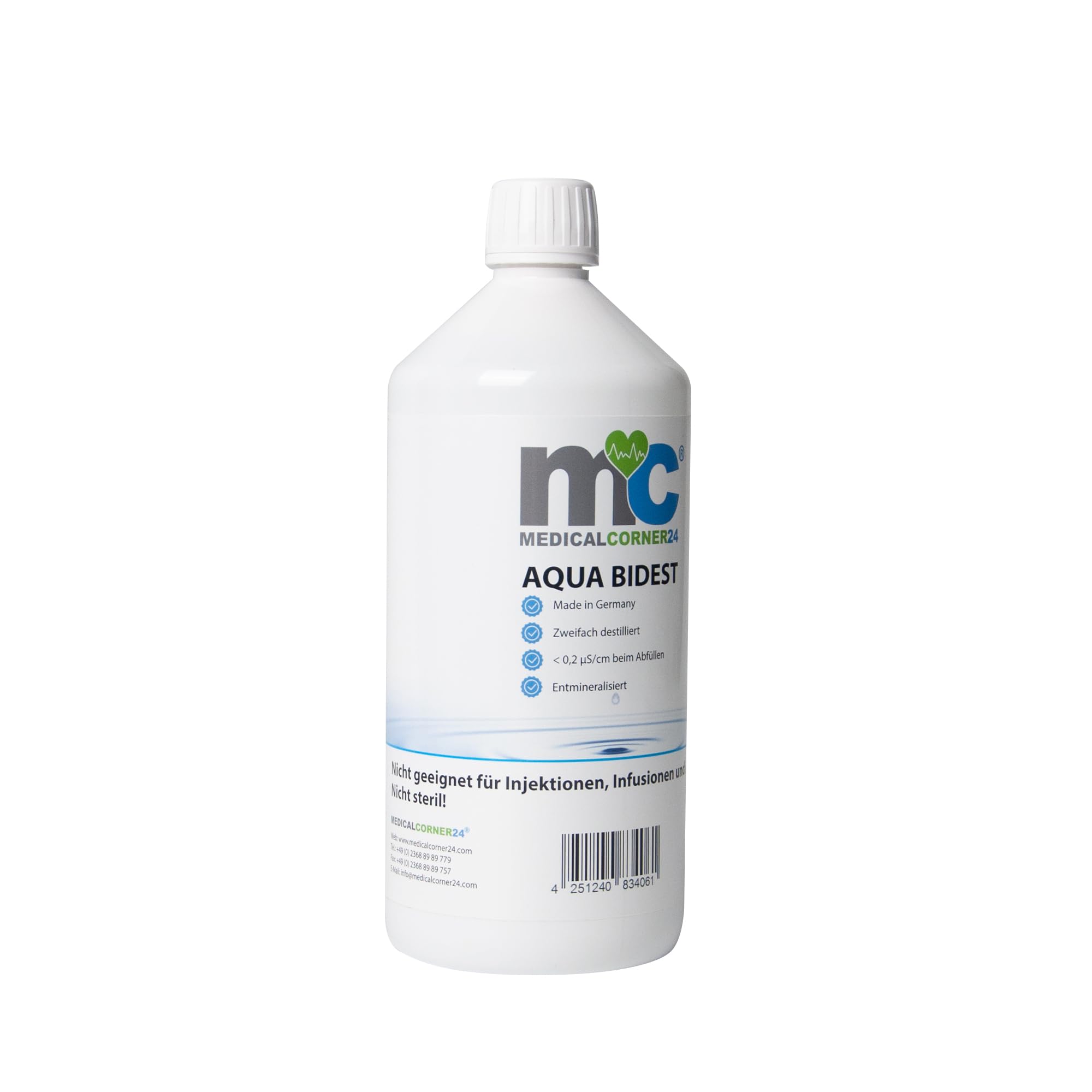 Medicalcorner24 Aqua Bidest Laborwasser bidestilliertes Reinst-Wasser, zweifach destilliert, 10 x 1 Liter