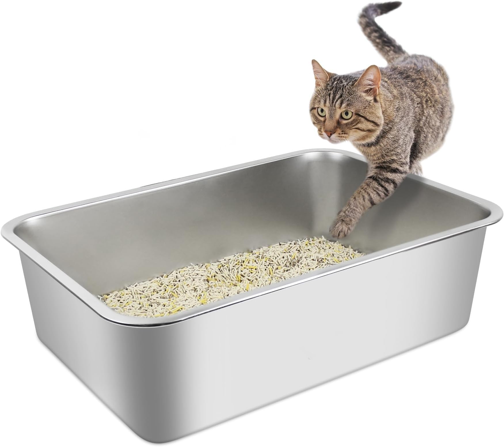 ORCHID M® 19.7"x13.8"x5.9"Stainless Steel Cat Litter Box High Side Cats Toilet Kitten Litter Pan, Pet Cleaning Tool for Big and Small Cats, Rabbits, Splash-Proof and Non-Stick Cat Poop Box odorless