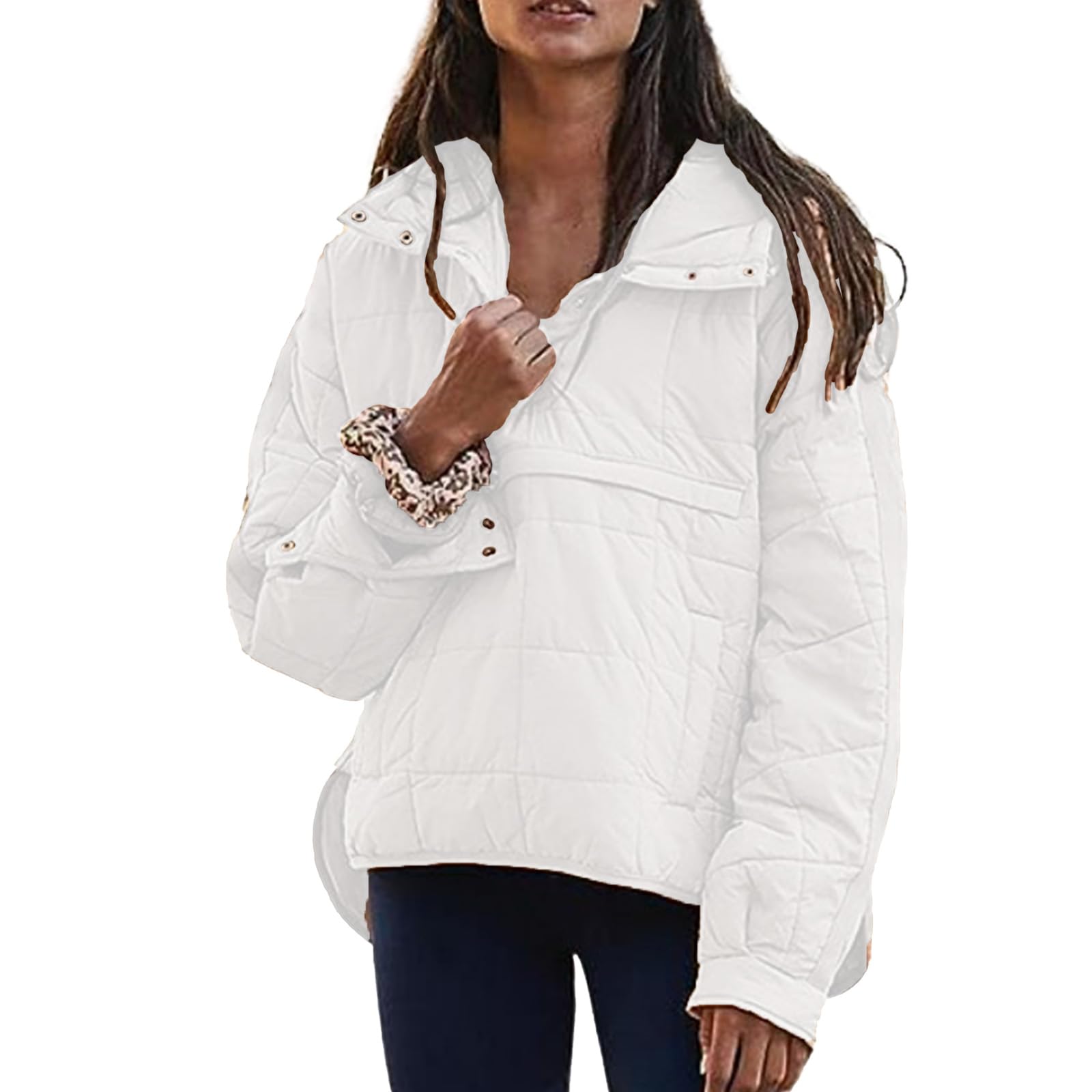 uSecee Women's Quilted Pullover Puffer Jacket Winter Button Down Lightweight Outwear White