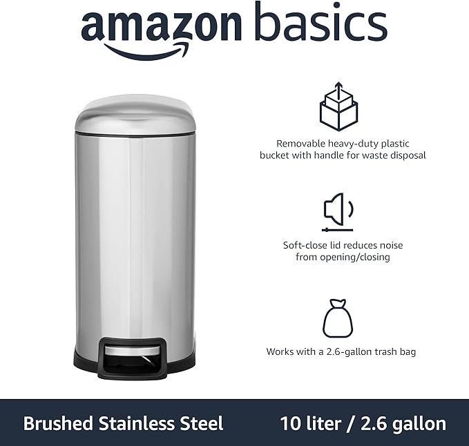 Tacho de Basura Amazon Basics con Pedal, 10L, Plateado miniatura 4
