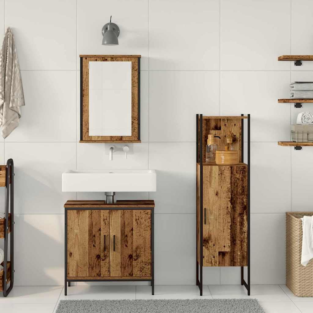Zestaw mebli łazienkowych z szafką pod umywalkę, szafka z lustrem i wysoką szafką, brązowy materiał drewnopochodny 33 x 33 x 120,5 cm, montaż ścienny do łazienki i toalety dla gości, z miejscem