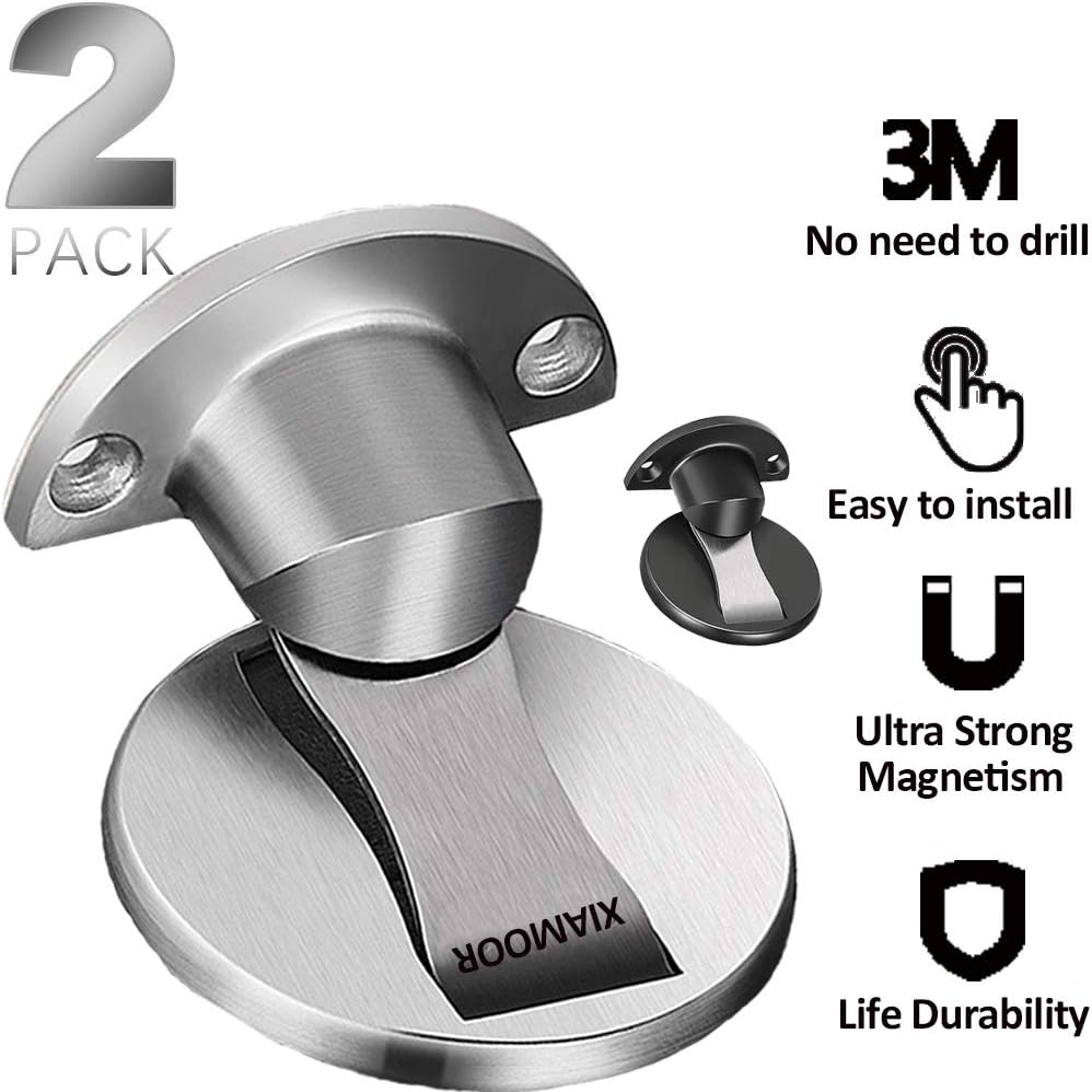 Stainless Steel Magnetic Door Stop Catch Holder, 2 Pack Heavy Duty Door Stopper, Multi Surface Door Stops, No Drilling, 2 Ways to Install (Silver+Black)