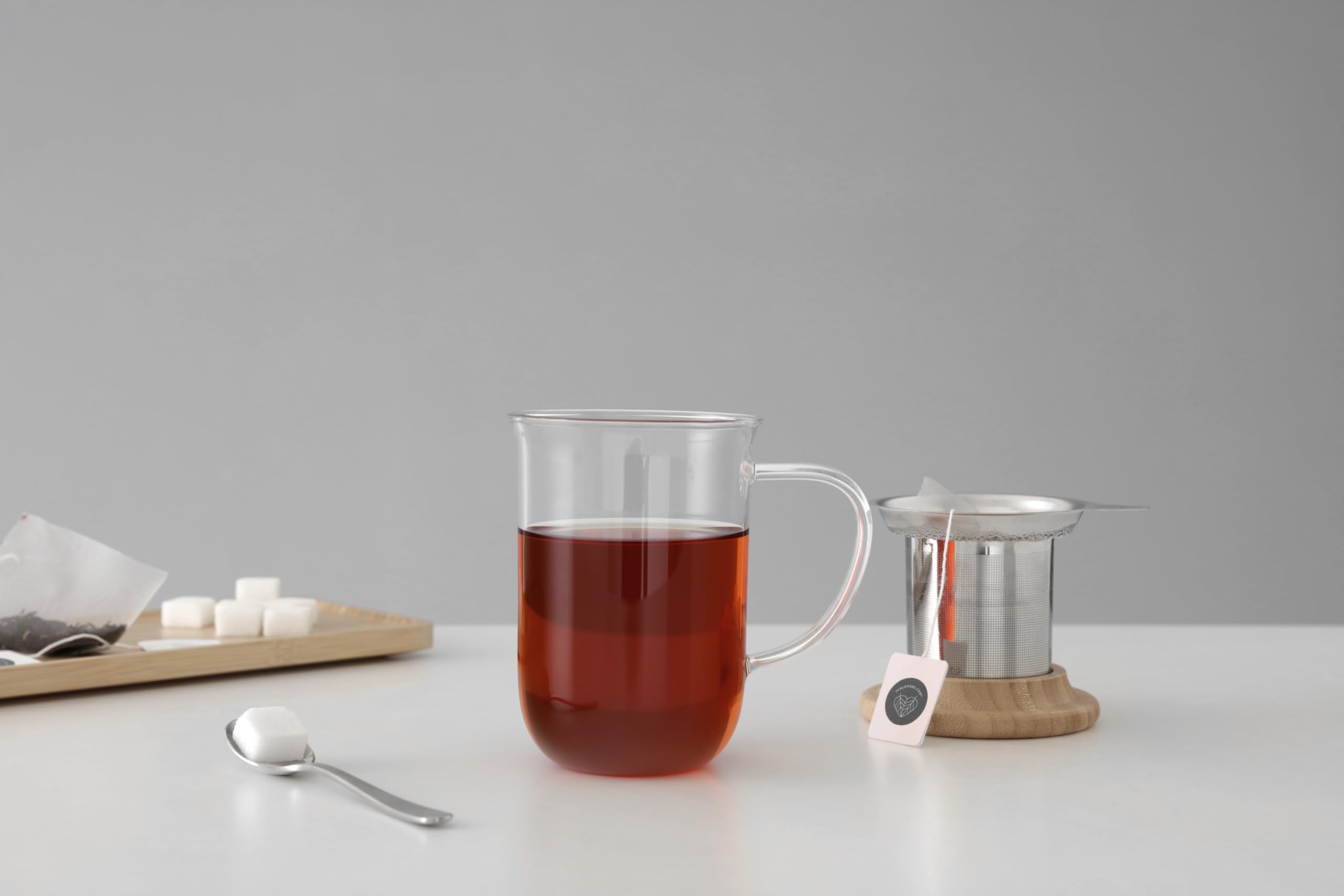 VIVA Minima Balance Glass Infuser Tea Cup - 17 oz / 500 ml Mug with Stainless Steel Infusion Mesh and Bamboo Wood Lid