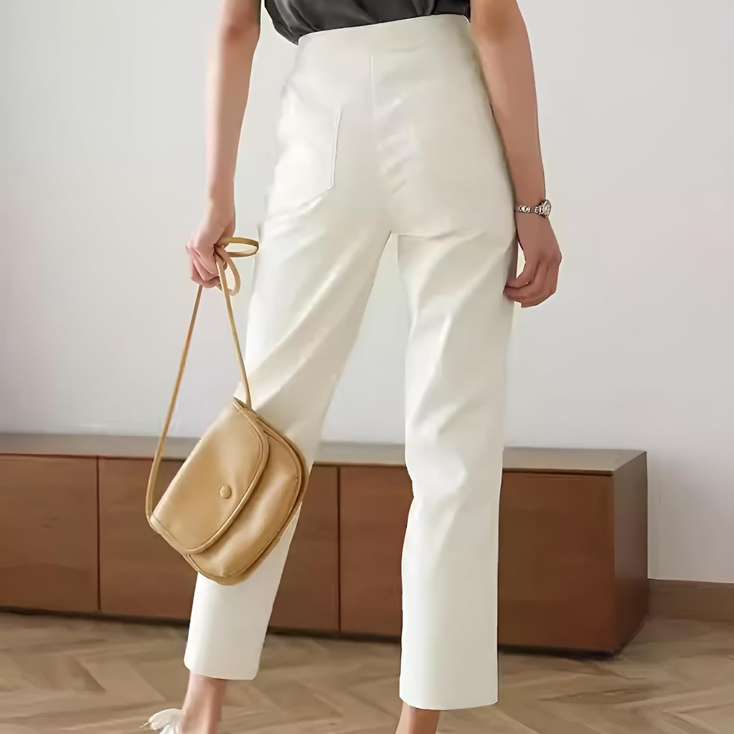 [Miflaier] ベージュ ストレートパンツ 【脚形カバー】 フレンチテイスト 九分丈デザイン オフィス対応 ストレッチ素材 小
