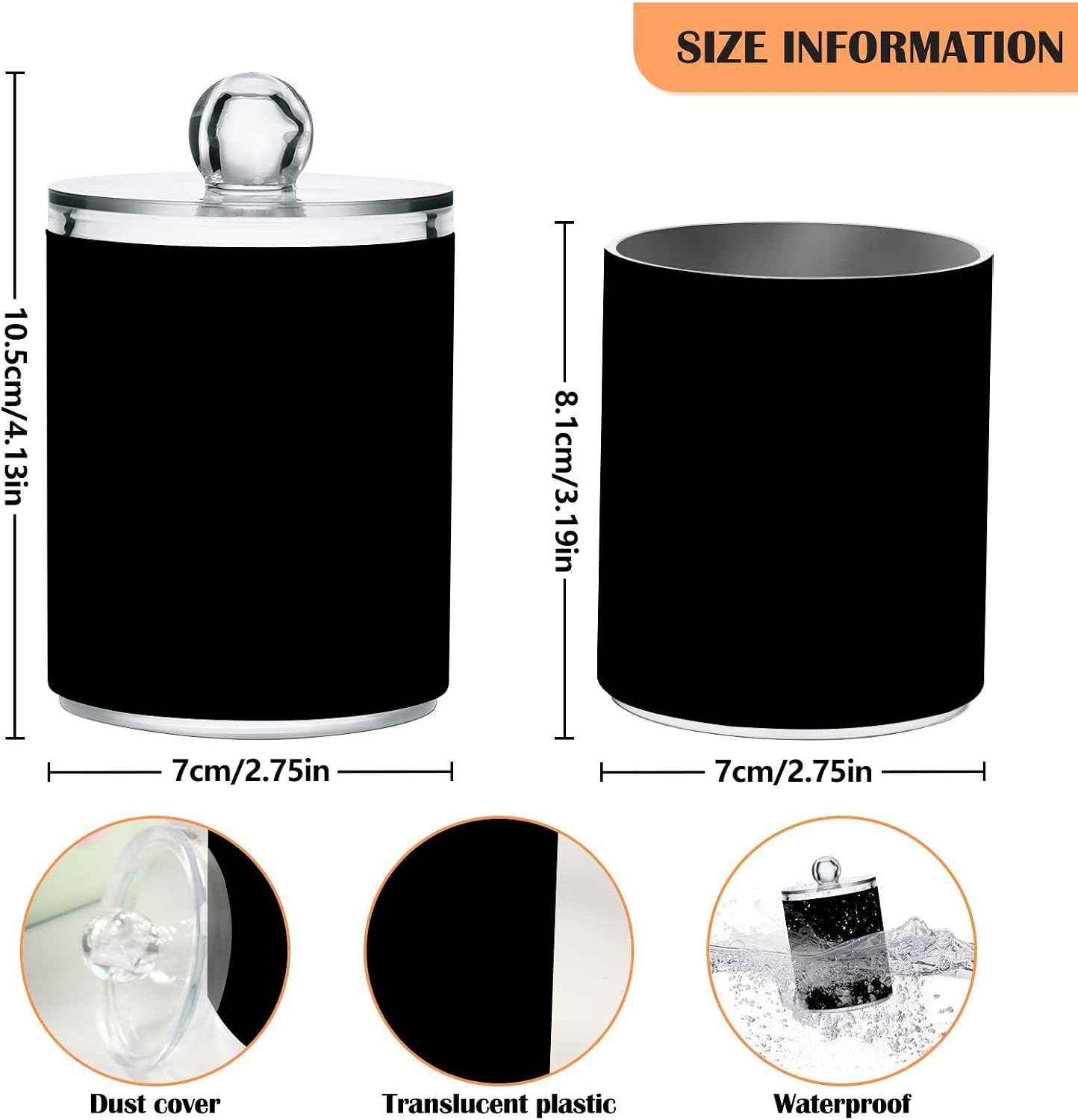 Black Qtip Dispenser Apothecary Jars Bathroom Qtip Holder Storage Canister 10 Oz Plastic Jar for Cotton Ball Swab Round Pads Floss 2pcs