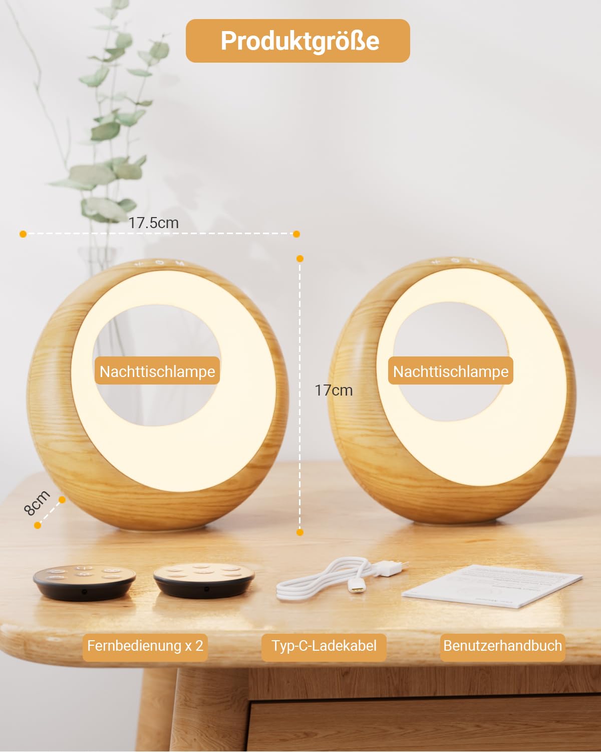 Bonsery Set di 2 lampade da comodino con telecomando e touch, dimmibili, rotonde, cambio colore e 9 modalità, batteria USB, luce notturna bianca calda, memoria e timer
