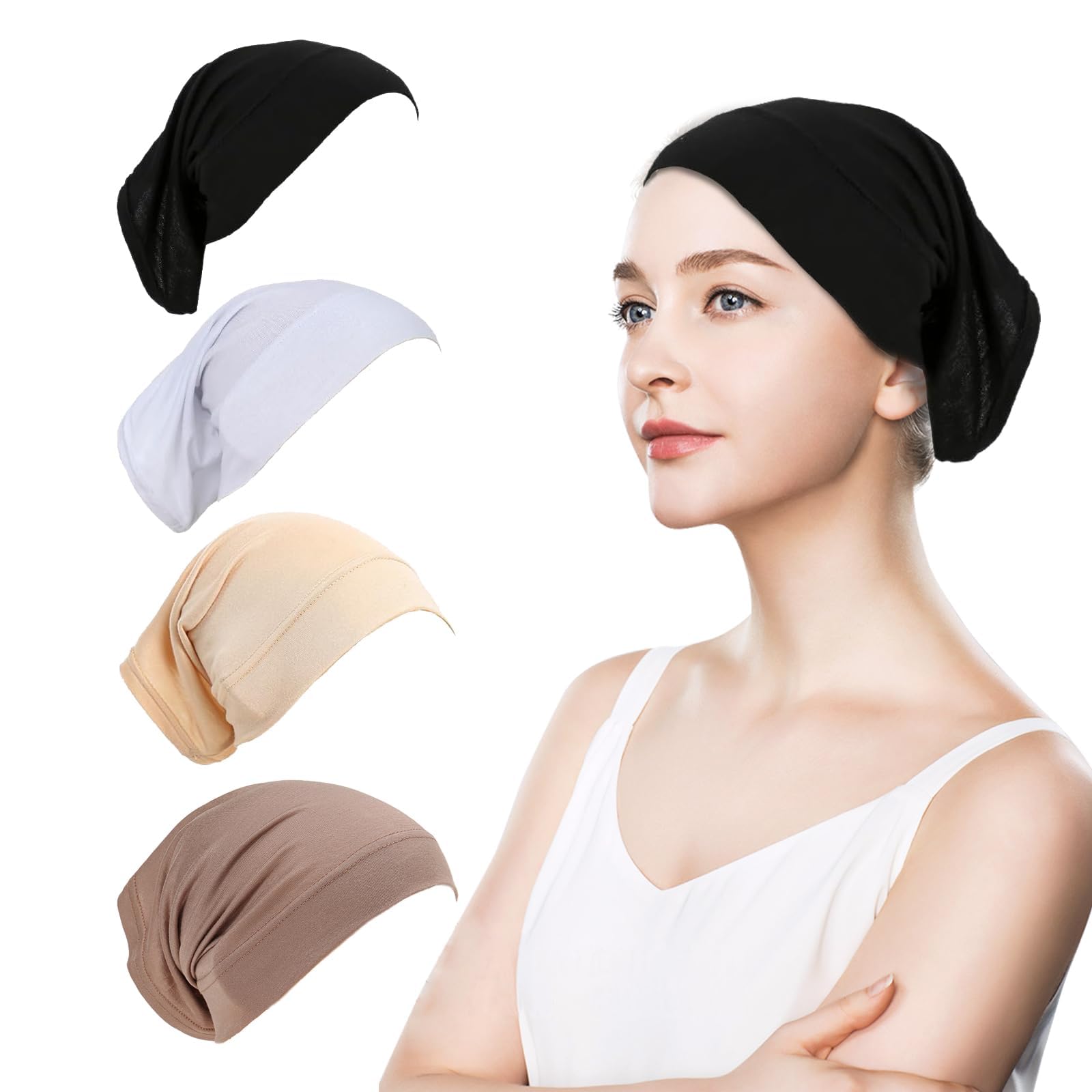4Pcs Hijab Undercap for Women, Muslim Under Hijab,Breathable Modal Elastic Head Wraps Cap Inner Under Scarf Hat Turban with Tie Back Closure for Girls Makeup Sleep Shopping