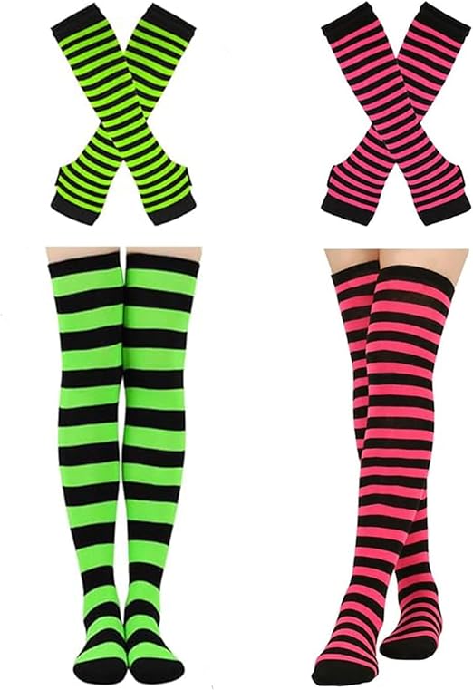 2/4 Sets Womens Striped Knee High Socks Long Knitted Arm Warmers Fingerless Gloves for Halloween Costume