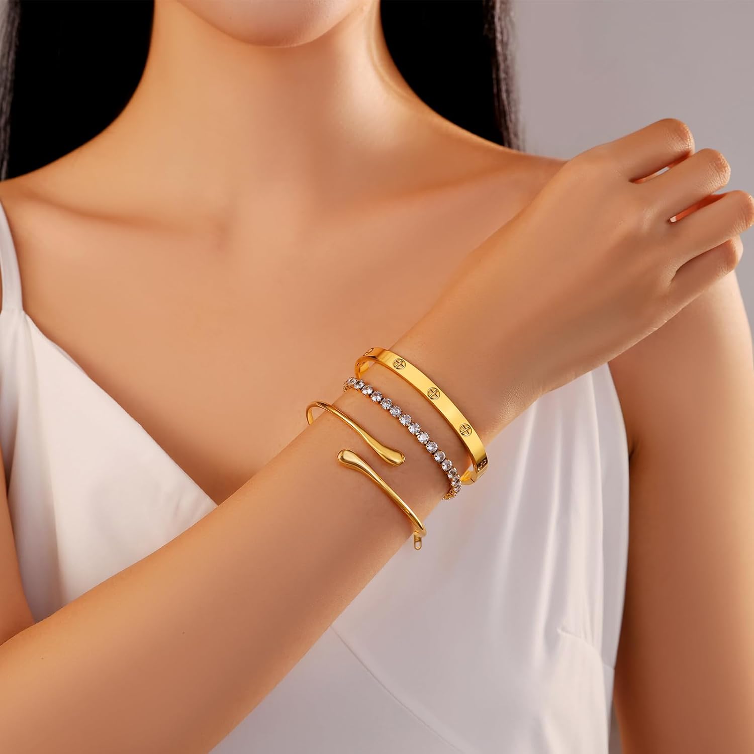 18K Gold Plated Love Bangle Bracelet Set Cubic Zirconia Classic Stainless Steel Adjustable CZ Gold Tennis Love Bracelets Stack for women - Image 4