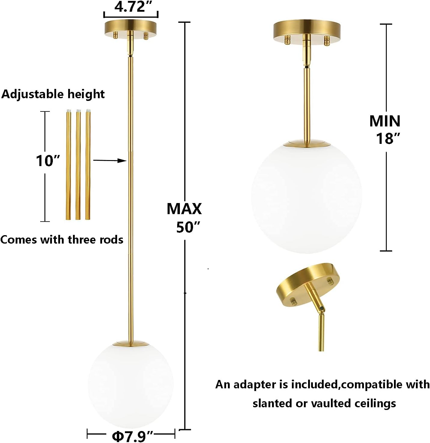 Modern Globe Pendant Light 1-Light Mid Century Chandelier Large 7.87” White Globe Glass Shade Brushed Brass Finished Hanging Light Fixture for Kitchen Island (Gold)