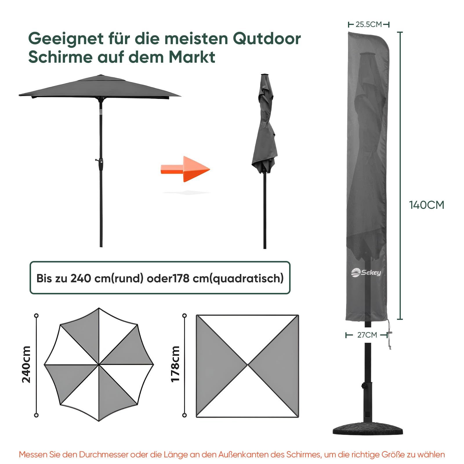 Sekey Protective Cover for Parasol Diameter 200 cm / 200 cm x 150 cm / 200 cm x 125 cm 100% Polyester Waterproof and UV-Resistant - Image 2