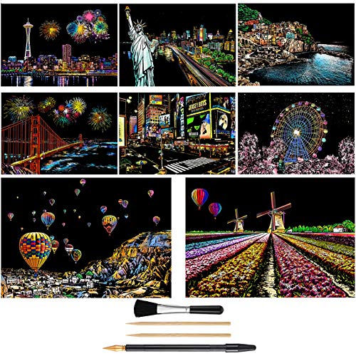 Scratch Art Rainbow Painting Paper(A4), Womens Hobbies DIY Art Crafts for Youth Adults Engraving Scratch Painting,Thanksgiving & Christmas Birthday Creative Gift Set 8 Sheets(Landscape & City View)