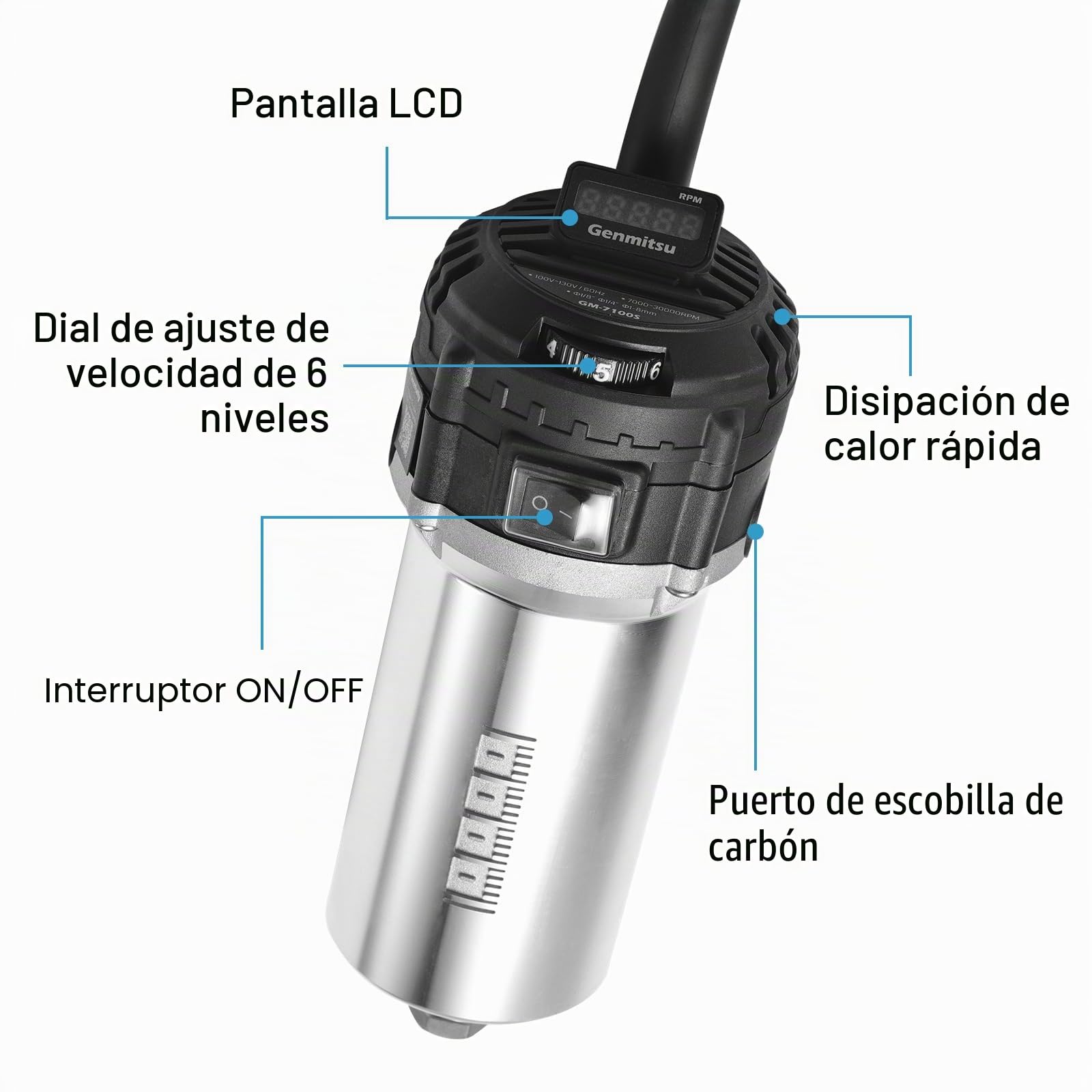 Genmitsu Fresa compacta CNC de 710 W, 65 mm de diámetro, motor de husillo con pantalla digital LCD, 6 velocidades ajustables, 1/8 pulgadas ER11, 4 escobillas de carbón, para fresadoras CNC