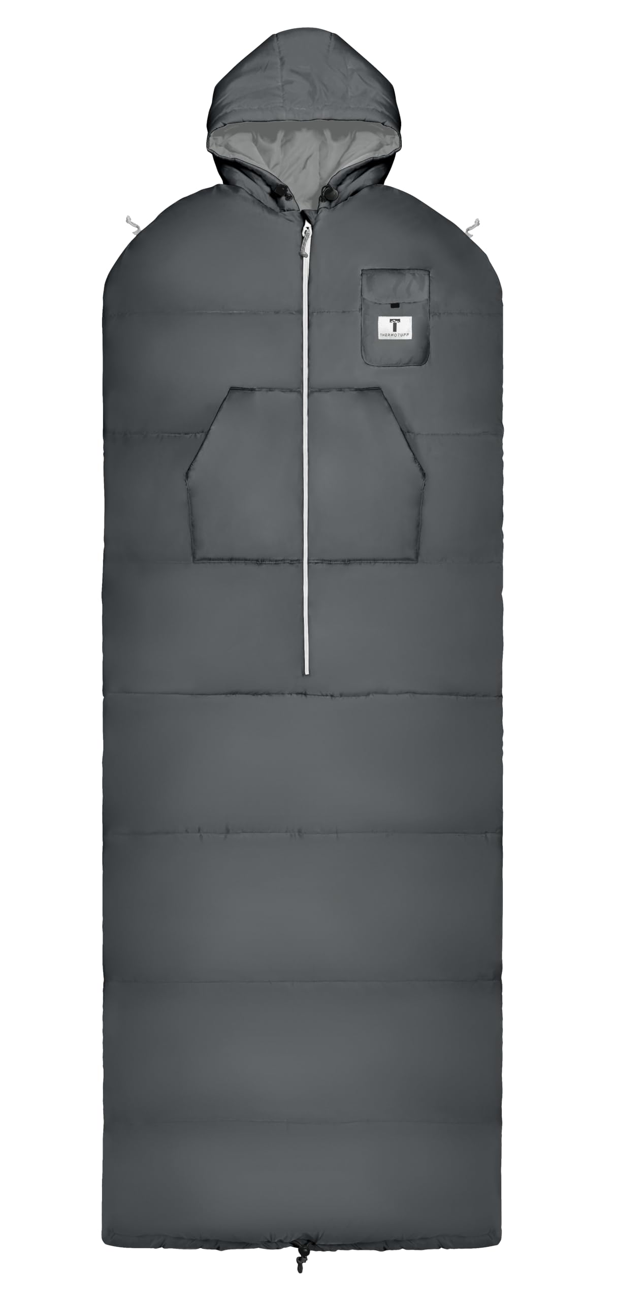 Thermotuff Wearable Sleeping Bag with Dual Hoodie, Zippered Arm Holes, Pockets & Adjustable Drawstring - Ideal for Camping, Cold Weather Hiking, and Stadium Sak Blanket, Grey & White, L-XL
