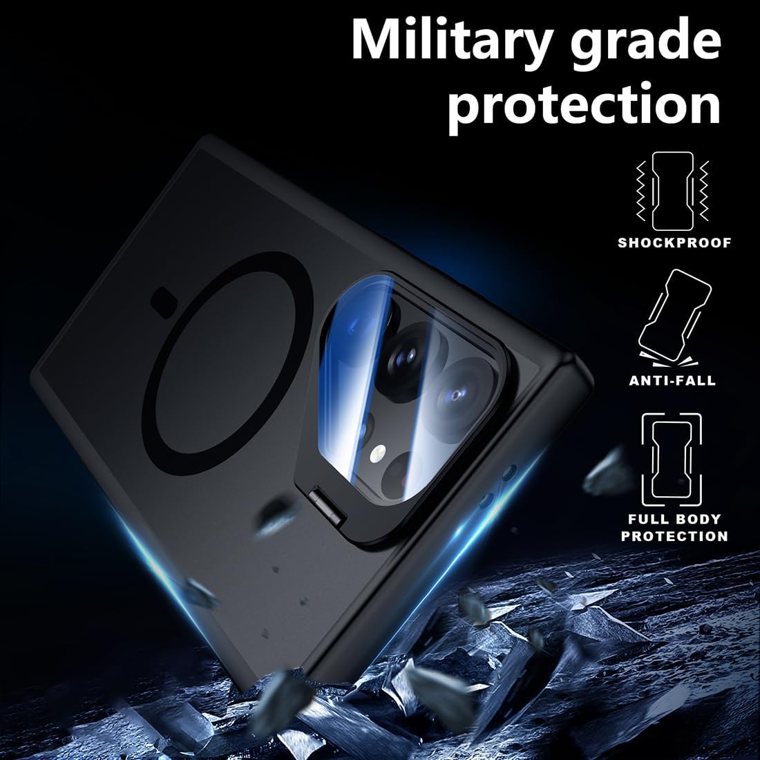 TIANNIUKE Magnetic Case for Samsung Galaxy S24 Ultra,Translucent Matte Anti-Fingerprint,Compatible with MagSafe,Alloy Camera Stand & 9H Tempered Glass-Adjustable Kickstand (Transparent Black)