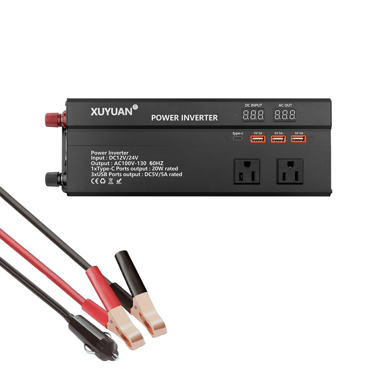 修正正弦波 インバーター 1000W (瞬間2000W対応) DC12V/24V自動変換→AC100/130V 無音設計/過保護機能搭載 キャンピングカー・防災備蓄・太陽光発電兼用 ACポート×2 USBポート×2 typeポート×2 シガーソケットx2 国内電化製品対応 アウトドア/緊急電源用 (黒い, 1000W)