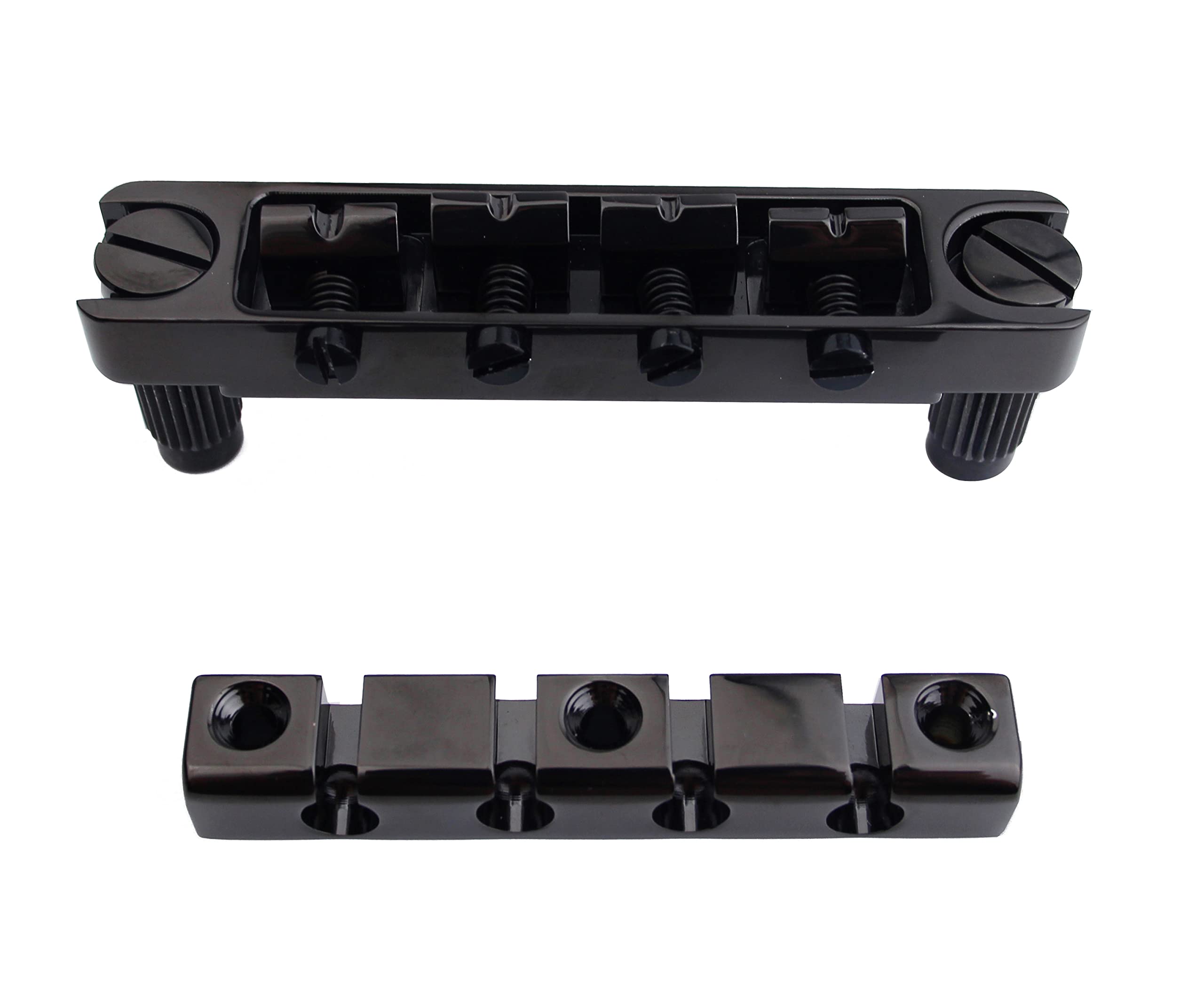 Guyker 4-saitiger High Mass Bass Bridge mit Vintage Steel Stop Bar Saitenhalter CNC-gefräst, schwarz