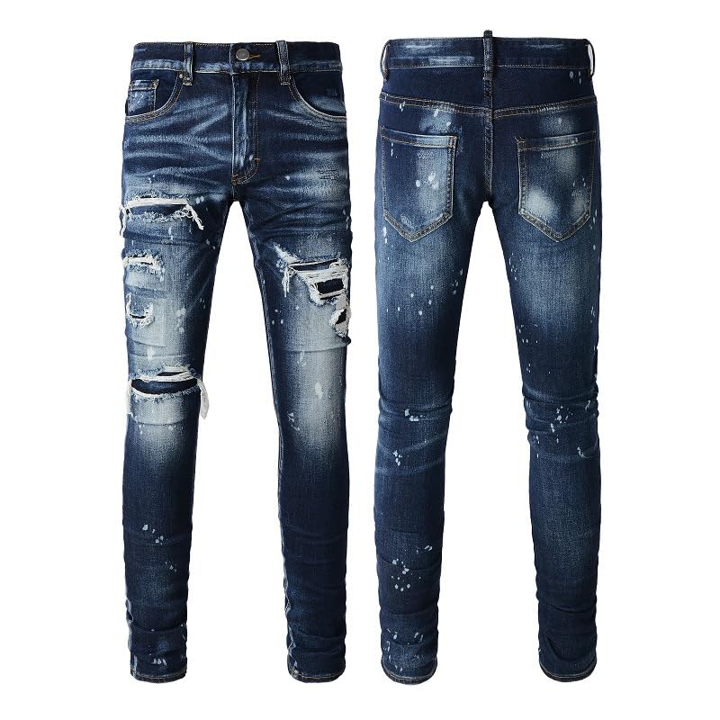 Jeans Pants Trouser Denim Men Ripped Hole Street Trendy Elastic Slim Fit Retro Patch Washed Blue Tie Dye Casual Small Leg(Blue,29)3
