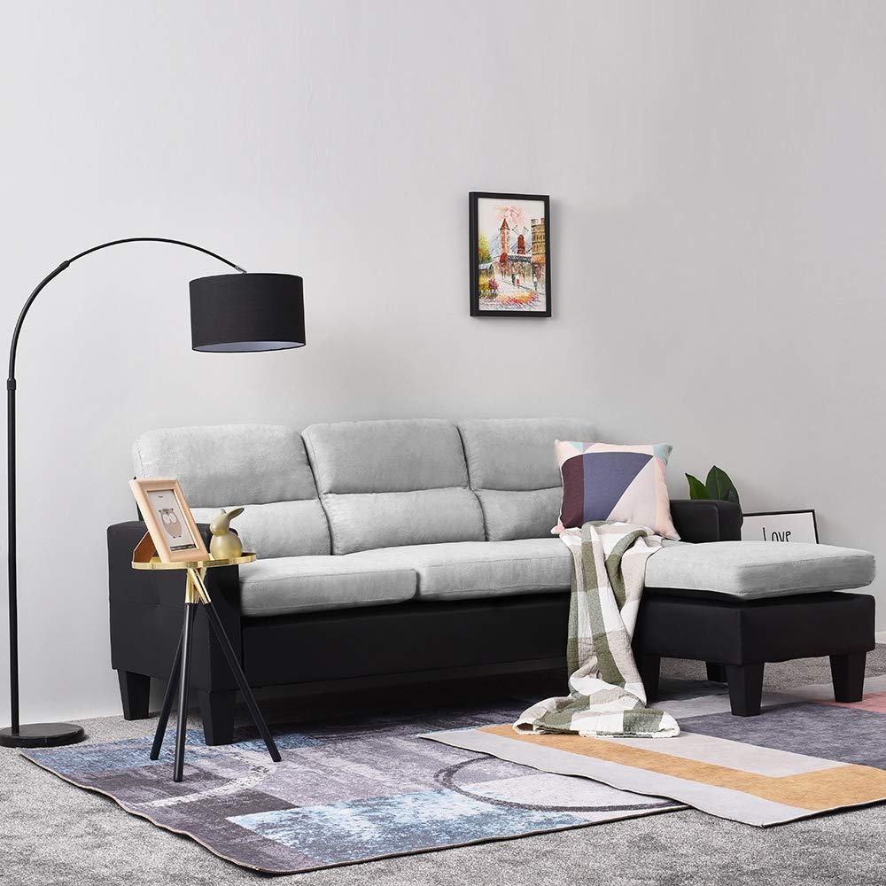 Panana Fabric and Faux Leather 3 Seater Sofa Left or Right Chaise Couch L Shaped Settee with Footstool for Living Room, Grey + Black Armrest