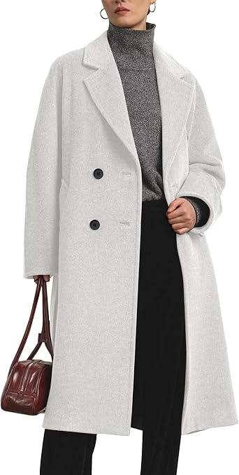 Flygo Womens Long Pea Coat Notch Lapel Double Breasted Trench Coat Fall Winter Overcoat Long Jacket