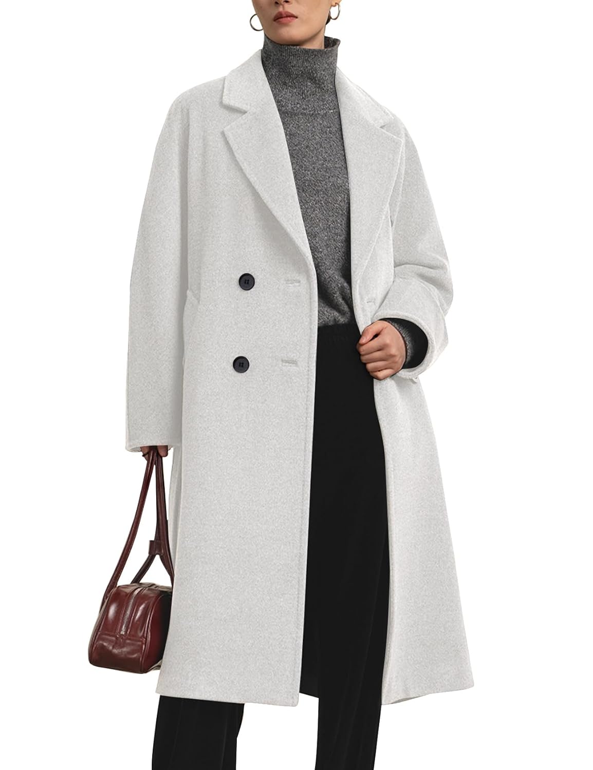 Flygo Womens Long Pea Coat Notch Lapel Double Breasted Trench Coat Fall Winter Overcoat Long Jacket
