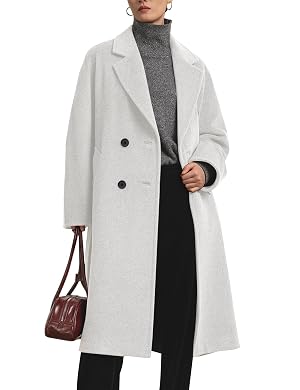 Flygo Womens Long Pea Coat Notch Lapel Double Breasted Trench Coat Fall Winter Overcoat Long Jacket