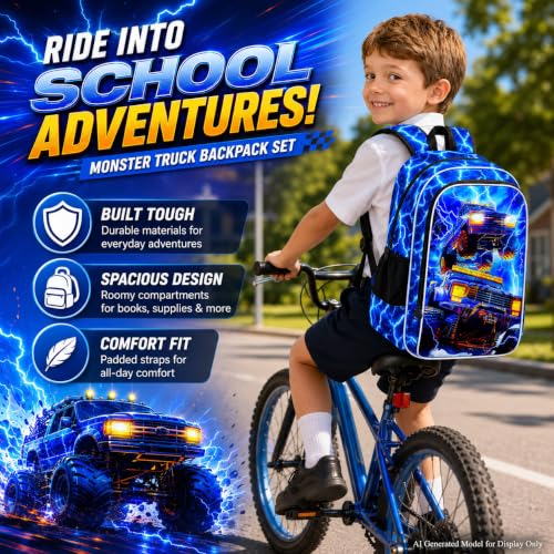 Image of 17 inch Truck Backpack, Boys Lightning Kids Bookbag with Lunch Box, 3Pcs School Backpacks for Elementary Preschool Kindergarten (Blue)