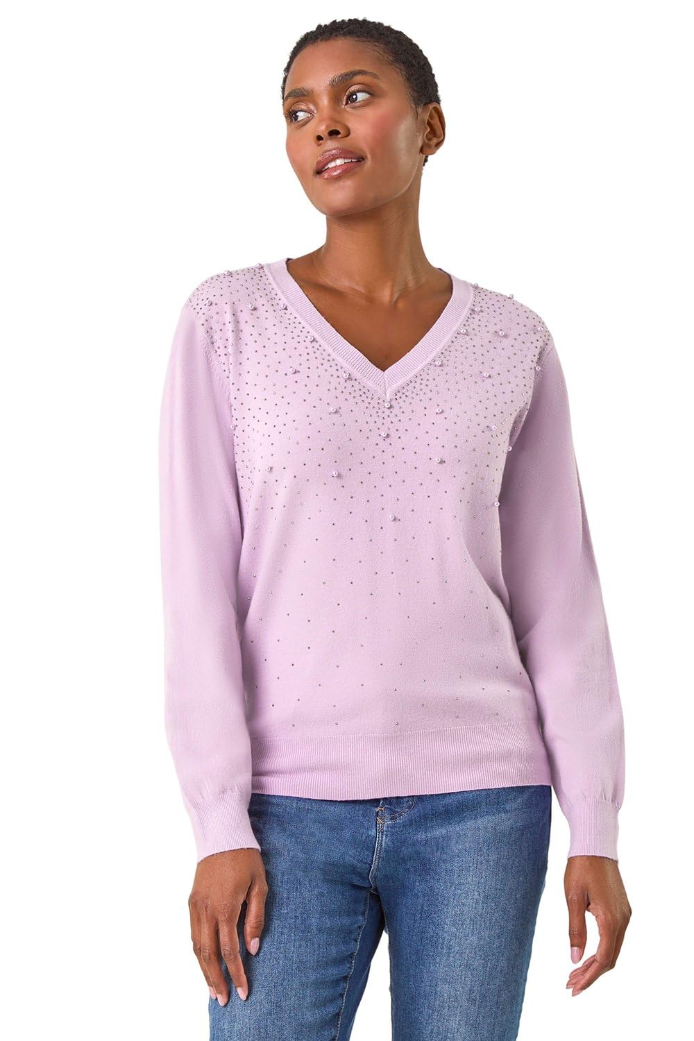 Roman Originals Women's Lavender V-Neck Jumper For Uk Boyfriend Fit Slouch Sweater Winter Autumn Textured Casual Flattering Knit Pullover Knitwear Daywear Lightweight Lounge - Size 18