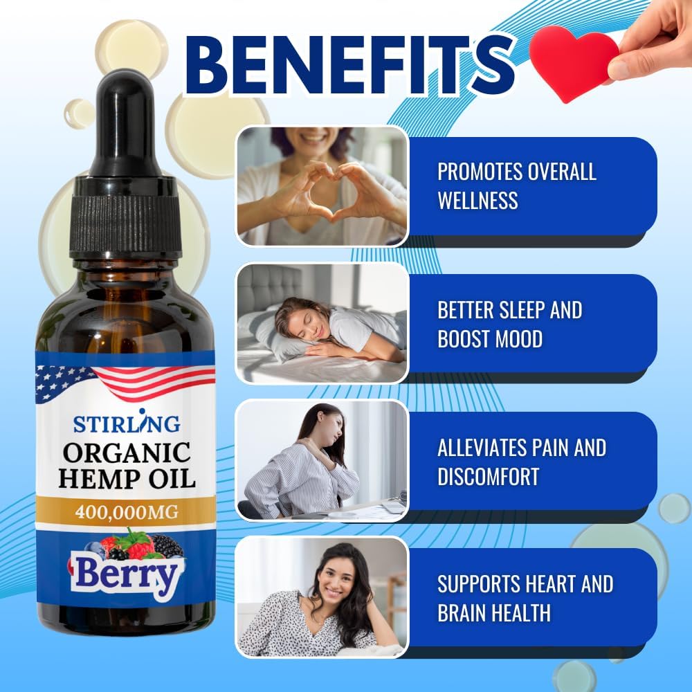 Stirling Organic Hemp Oil - 400,000mg Natural Berry Flavor - Enhances Sleep and Helps Reduce Discomfort - THC-Free, Non-GMO, Gluten-Free, High in Omega 3 6 9 - Premium U.S. Hemp Seed Oil