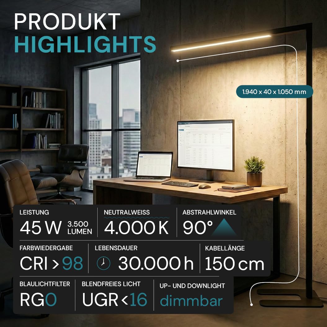 LUXULA Büro Stehleuchte LED Up/Down dimmbar Schwarz - Stehlampe Büro mit Touchsteuerung & Automatikdimmung, 45W 3500lm, 4000K Neutralweiß, UGR<16, CRI 98, Up/Down regelbar, 90° Abstrahlwinkel