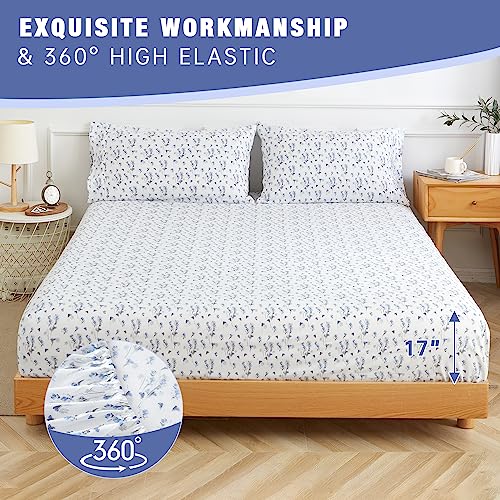 Kacemoo Queen Sheet Set 4Pc Printed Blue Flower Pattern Double Bed Sheets Luxury Cooling Soft Microfiber Floral Sheet Queen With 17” Deep Pocket, Easy Care, Breathable, Wrinkle Free, Machine Washable #TOP3