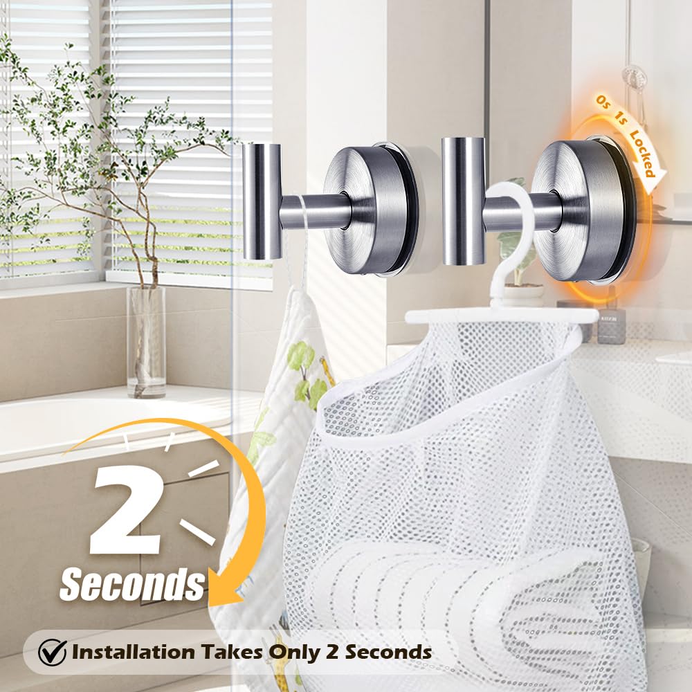 YOHOM SuctionTowels Hooks 2 Pcs No Drill Shower Wall Hanging Hook for Bathroom, Silver - Image 4