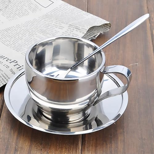 Miniatura 7 de Dadamong Juego de tazas de café de acero inoxidable aisladas, taza de café de doble pared con platillo y cuchara, taza de té de café café café café
