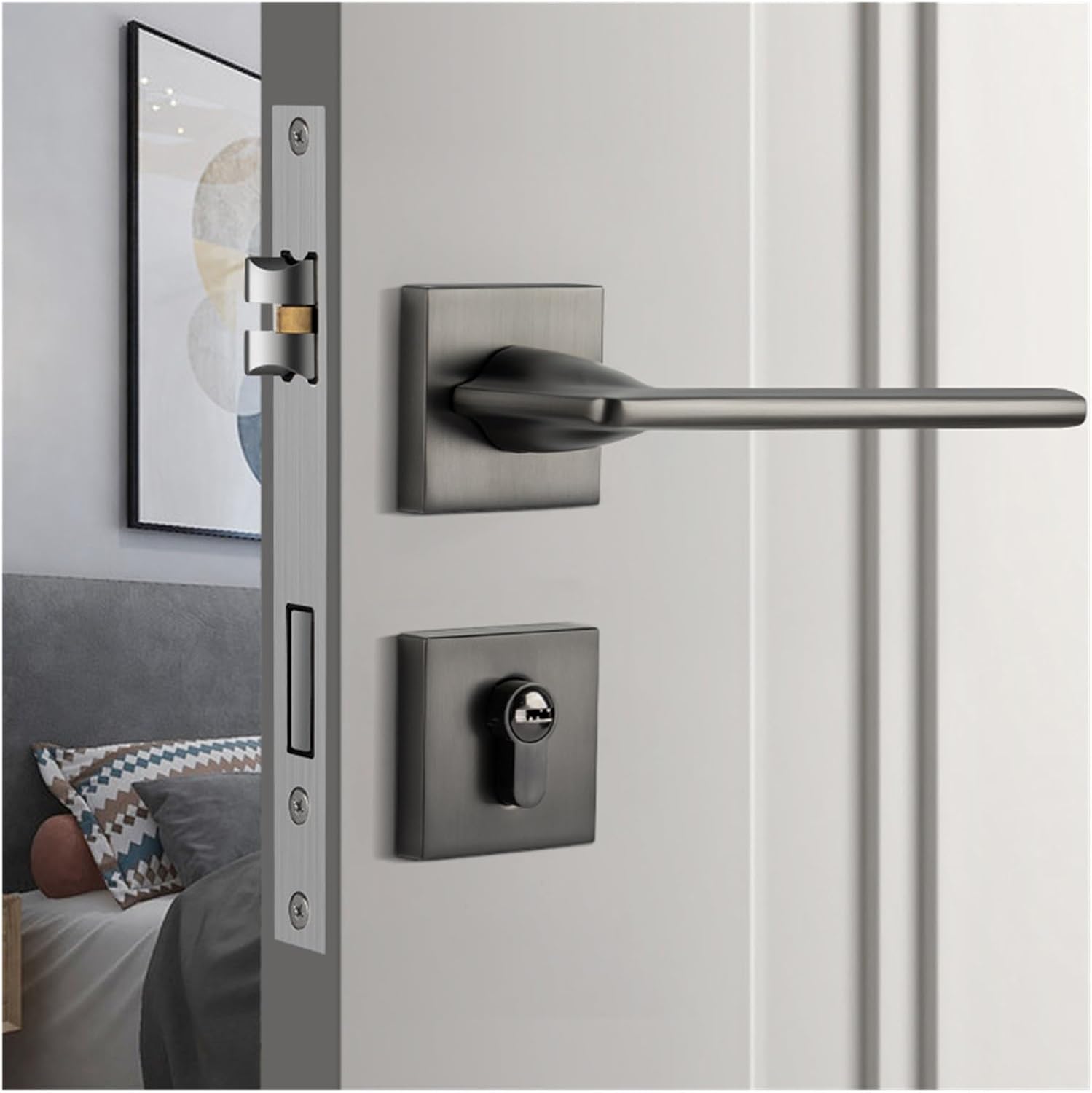 Indoor Home Bedroom Silent Magnetic Door Lock Bathroom Door Handle Modern Simple Black American Style(B9 2001 Chrome Magnetic Model)