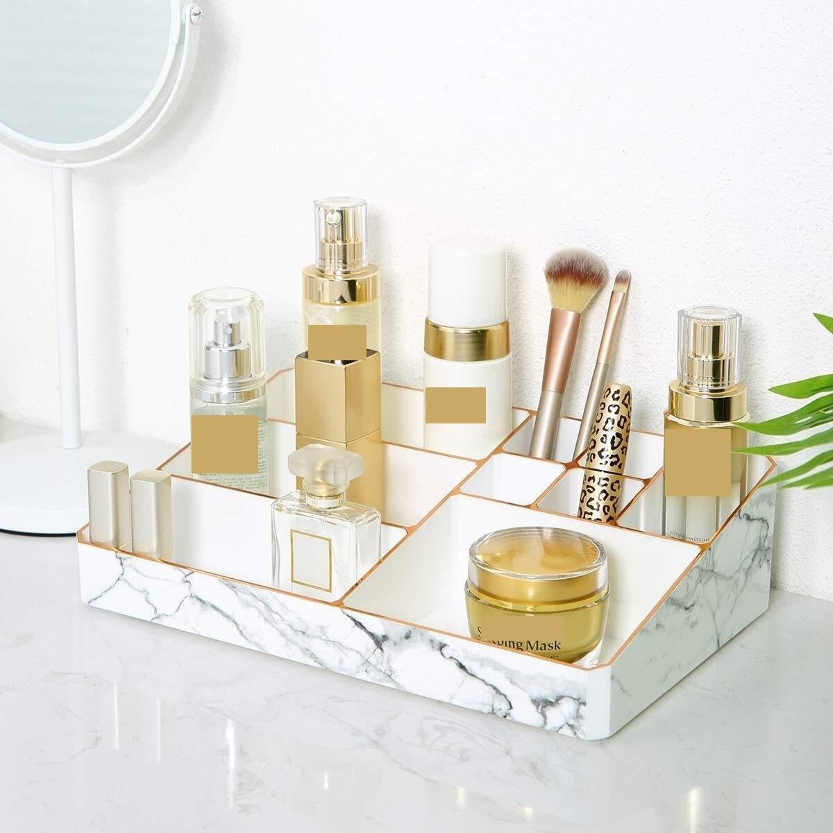 Almacenaje Maquillaje Expositor Organizador De Maquillaje Acrílico Blanco con Textura De Mármol Y Bordes Metálicos para Almacenar Cosméticos, Maquillaje Y Accesorios Habitacion