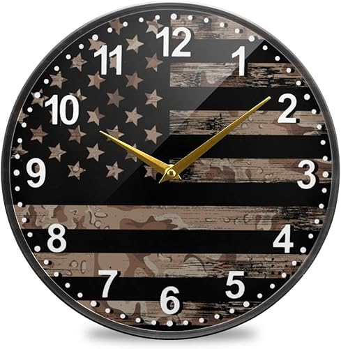 ALAZA Reloj de pared con bandera estadounidense de Estados Unidos con camuflaje del desierto, funciona con pilas, silencioso, sin tictac, para