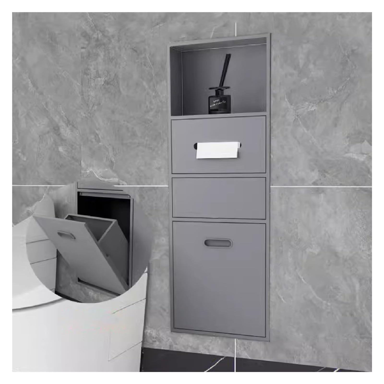 QUSYZD Stainless Steel Shower Nich, Waterproof Storage Toilet Paper Holder Shower Niche, Recessed Trash Can Alcove for Bathroom Storage/Shampoo/Toiletries,White-8,Grey-86x30x14cm