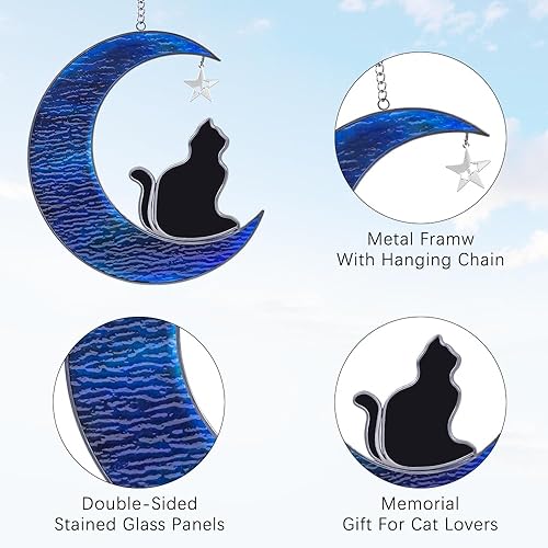Miniatura 3 de Taolema Regalos conmemorativos para gatos por pérdida de gato, decoración de vitrales de gato en la luna, colgantes de vidrieras de gato negro,