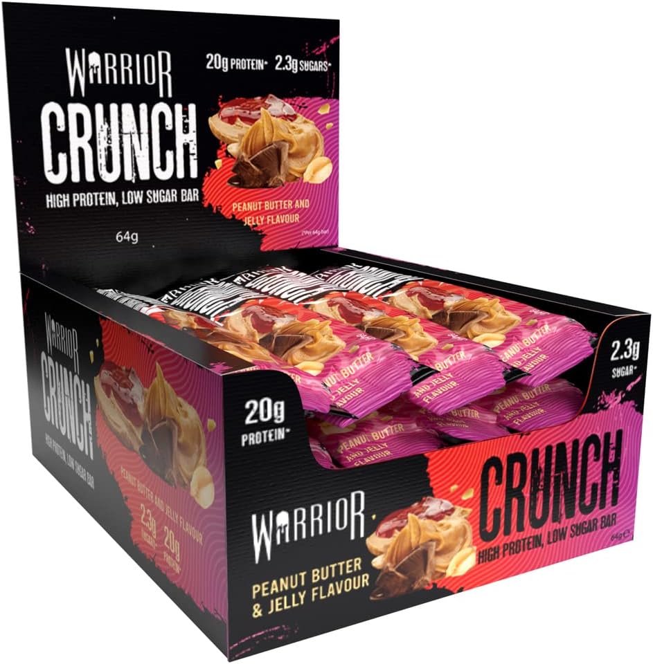 Warrior Crunch - High Protein Bars - 20g Protein Each Bar - Low Carb, Low Sugar Snack - 12 Pack x 64g (Peanut Butter Jelly)
