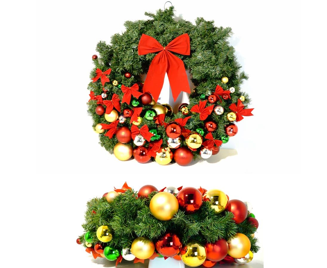 Adventskranz, Künstlich, Weihnachten, PVC-Material, Grün mit Bunten Kugeln, Aufhängbar, Rund, 95 cm Durchmesser - großer Adventskranz
