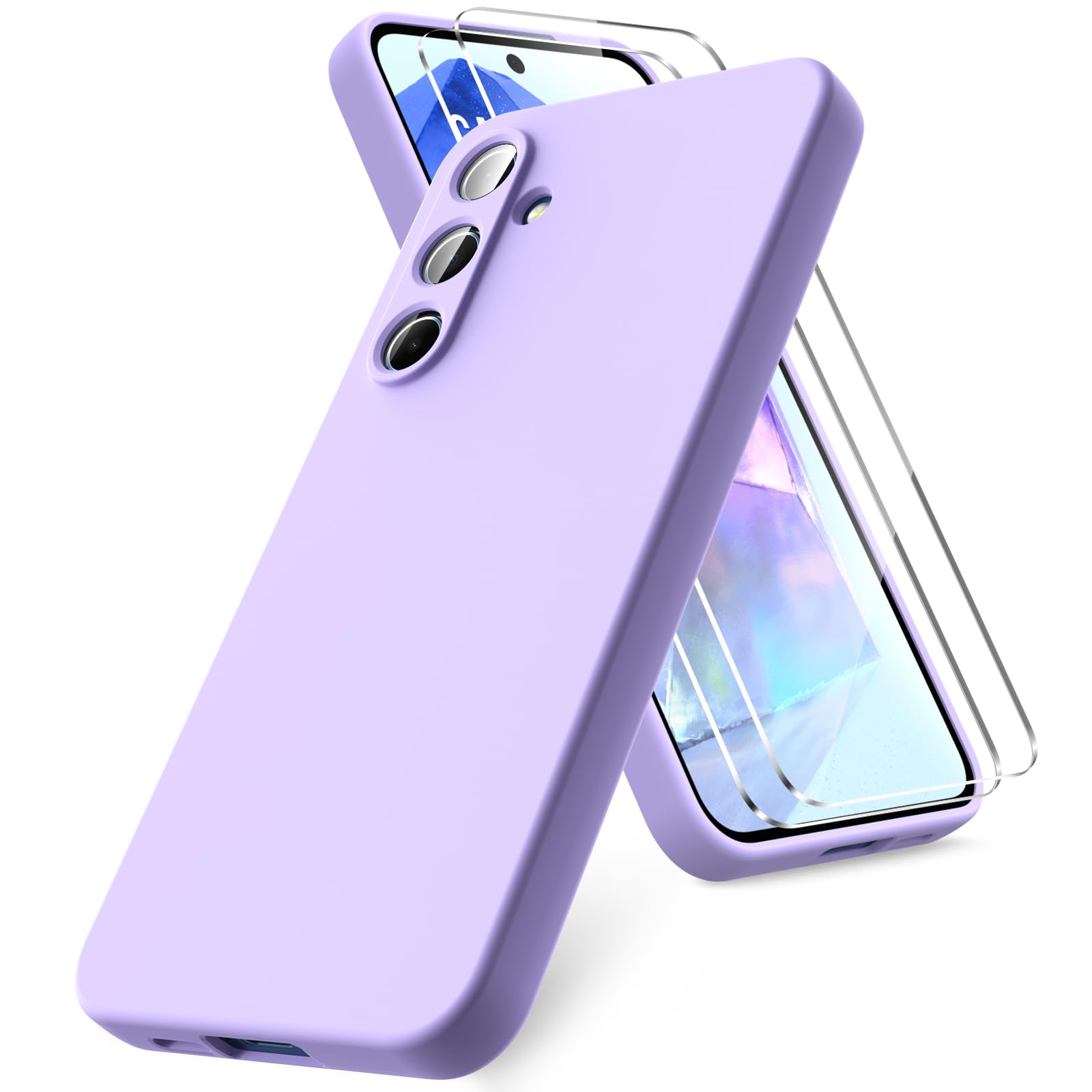 Vansdon Cover Compatibile con Samsung Galaxy A55 5G, 2 Pellicola Protettiva in Vetro Temperato, Gomma Gel di Silicone Liquida Antiurto Custodia - Viola chiaro