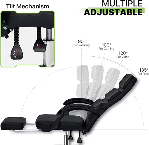 Miniatura 6 de Magshion Silla de oficina ejecutiva, silla de oficina grande y alta con reposapiés, de cuero de PVC negro, giratoria, de gestión de 90 a 135,