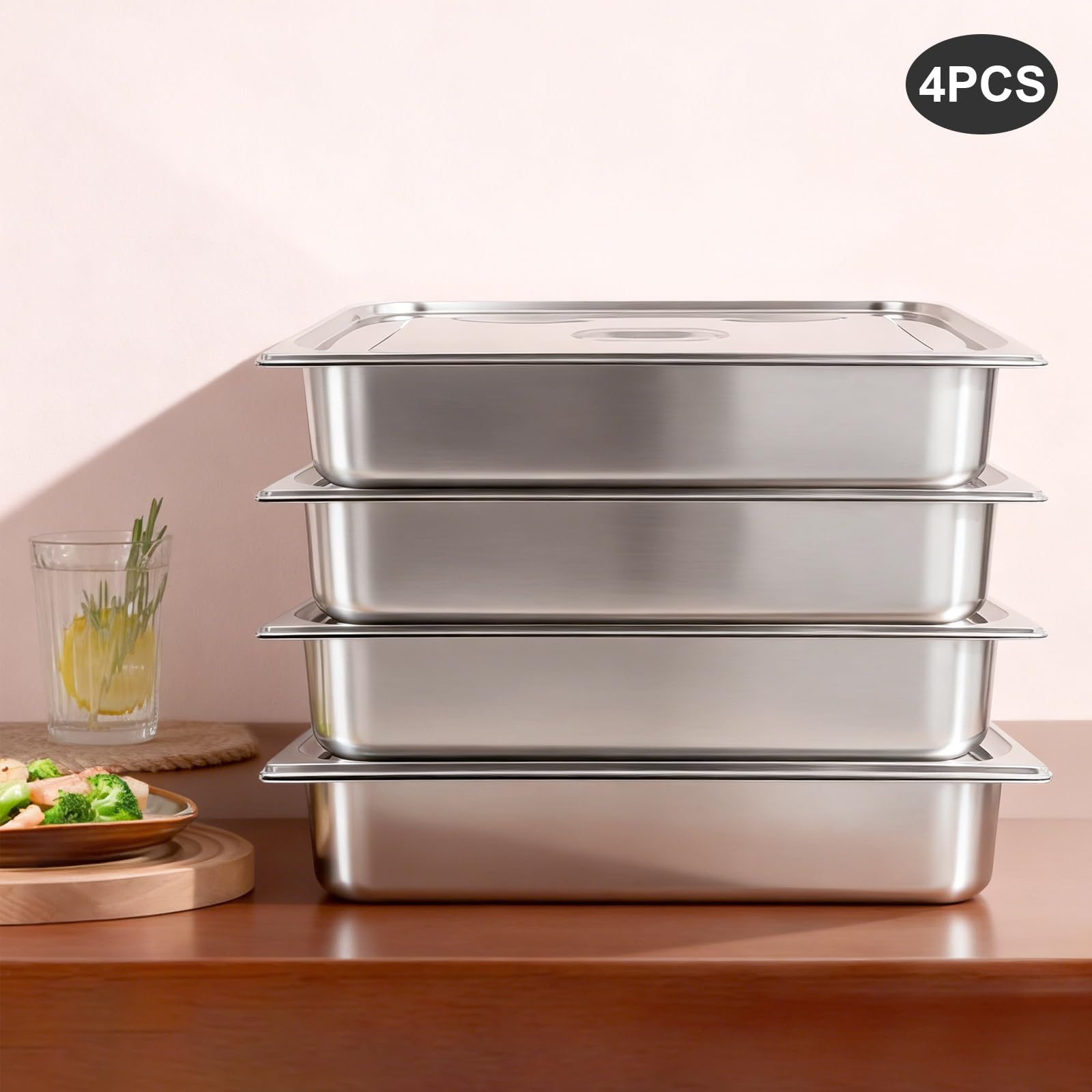 4 contenitori per gastronorm, in acciaio inox con coperchio